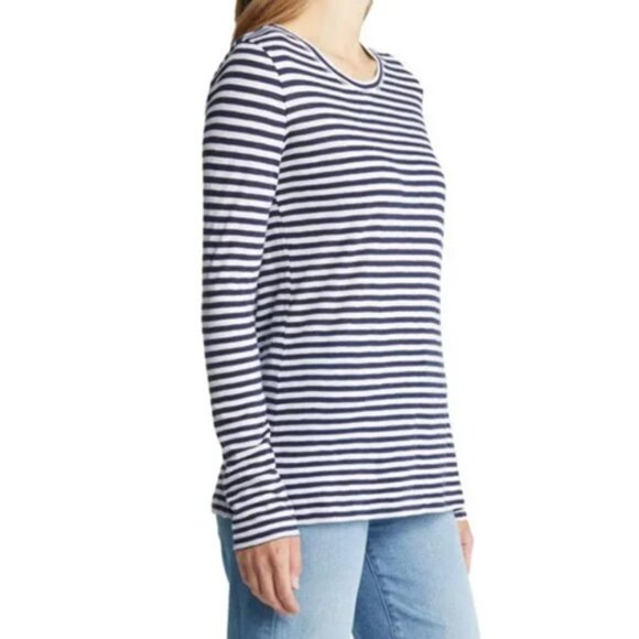 NEW Caslon Long Sleeve Crew Neck Back Seam Brooke Navy Striped Tee Top Shirt M - Picture 3 of 6